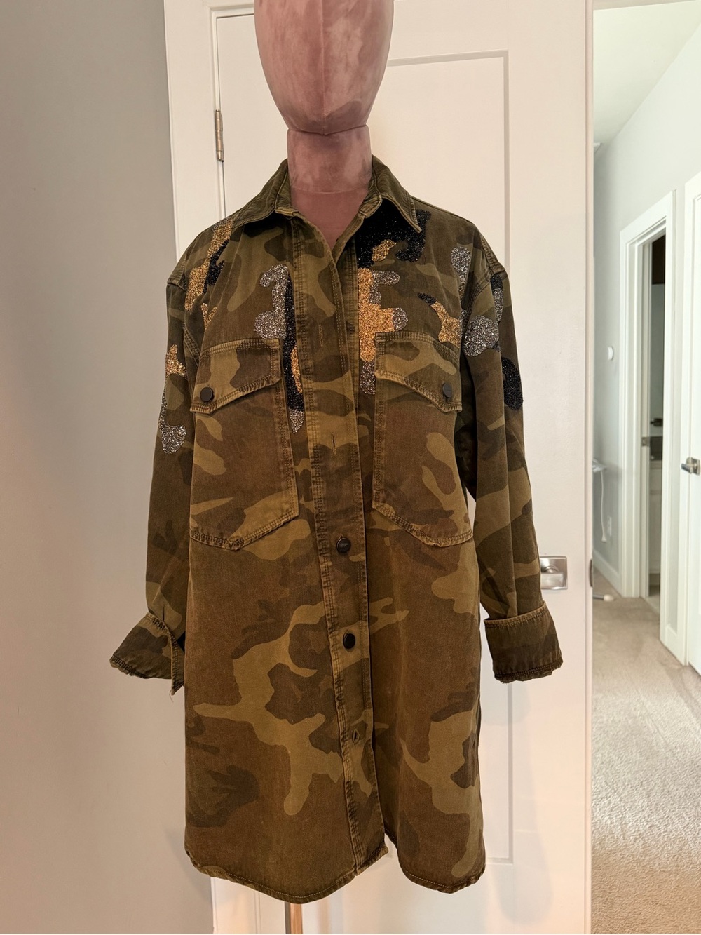 All Saints Camouflage Long Shirt Jacket with Sequin Accents - Green